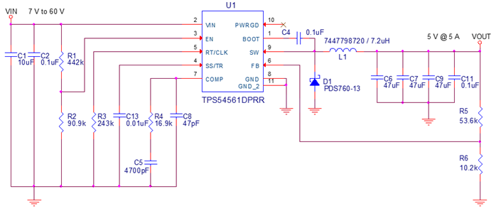 TPS54561DPRT circuit design example, soft-start capacitor C13 = 0.01uF marked diagram